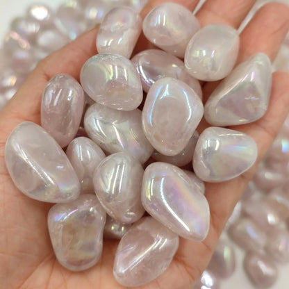 Radiant Harmony: Set of 3 Natural Aura Rose Quartz Crystal Tumbled Stones - Perfect for Reiki Healing, Home Décor, Aquariums, and Fengshui