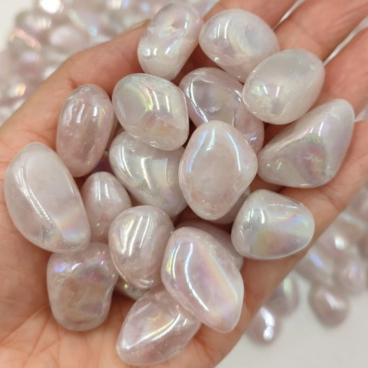 Radiant Harmony: Set of 3 Natural Aura Rose Quartz Crystal Tumbled Stones - Perfect for Reiki Healing, Home Décor, Aquariums, and Fengshui